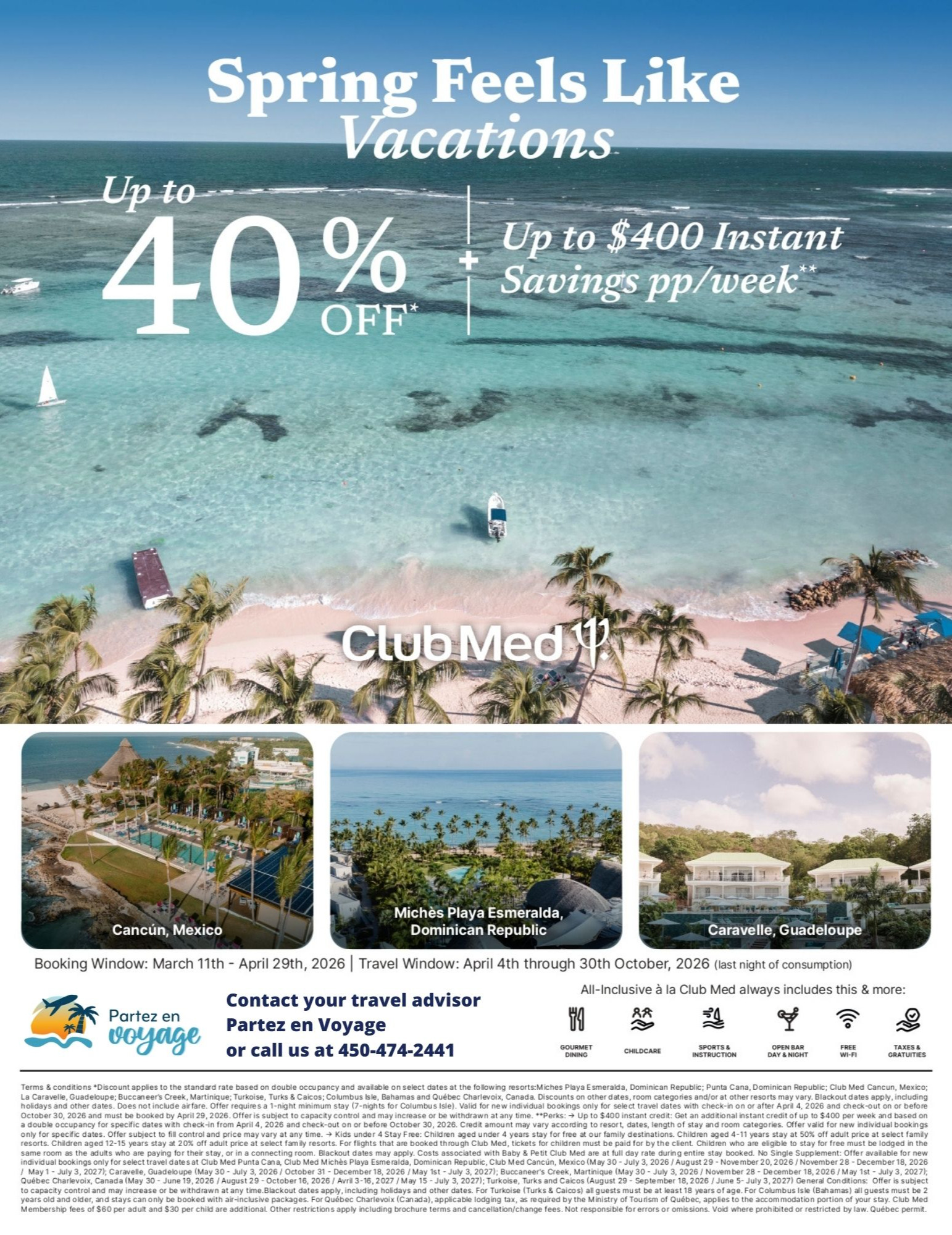 Club Med Spring Getaway Promotions: 40% off and up to $400 off with Aqua Terra Travel Partez en Voyage