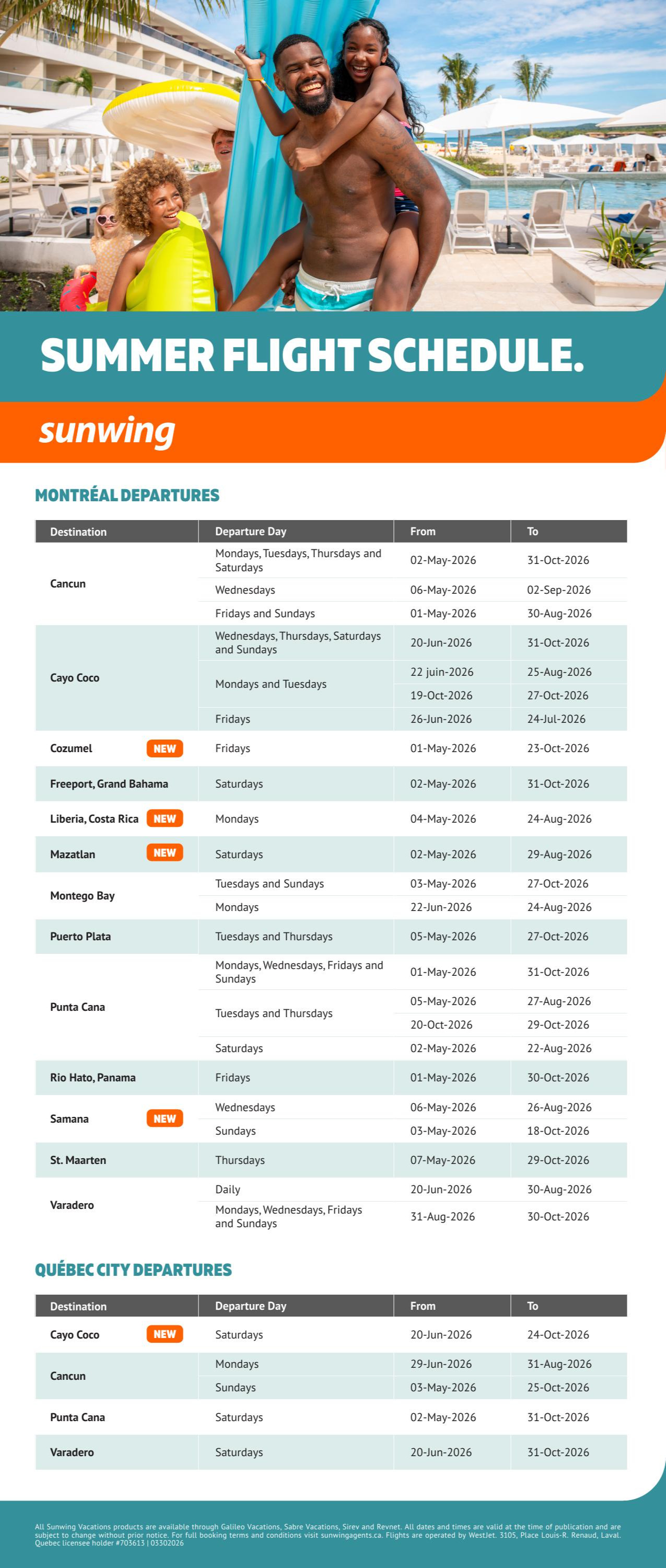 Sunwing Vacations Promotion Summer Dlight Schedule with Partez en Voyage