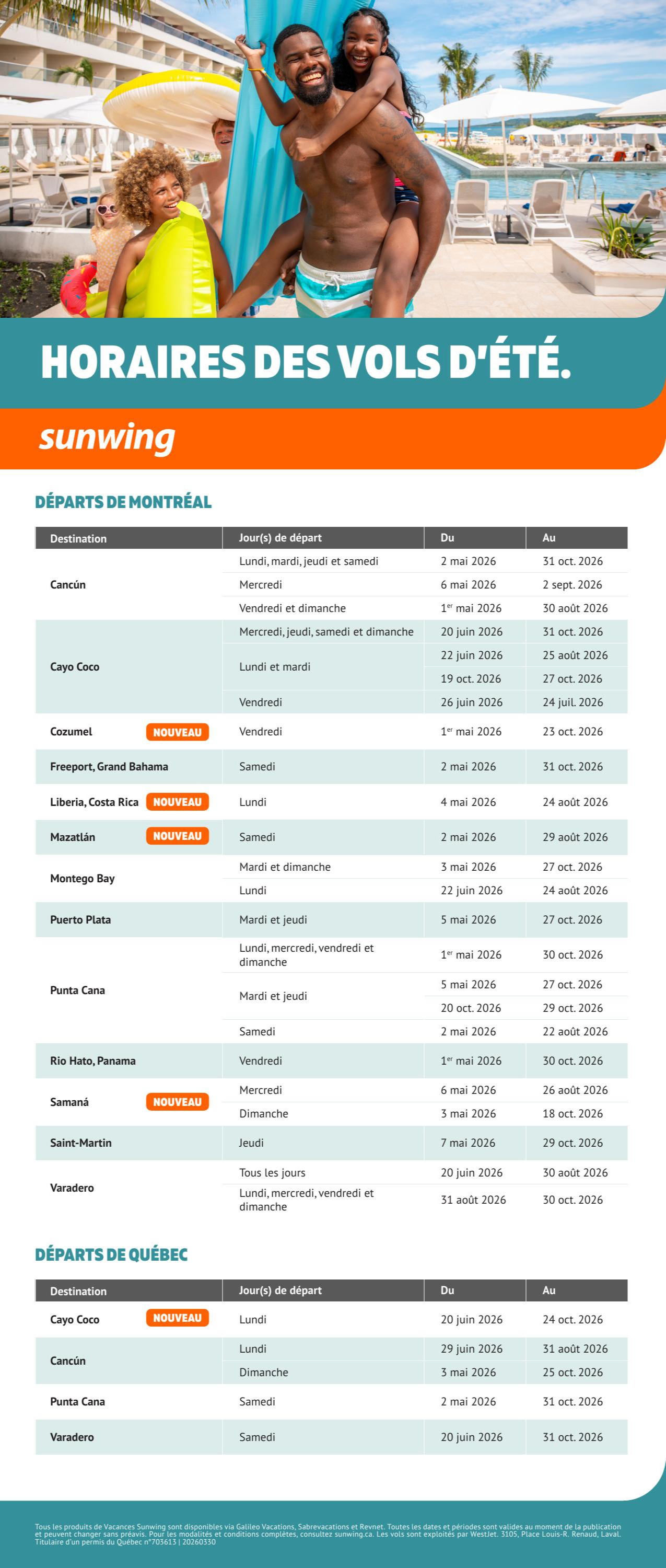 Promotion Vacances Sunwing Horaires des vols d