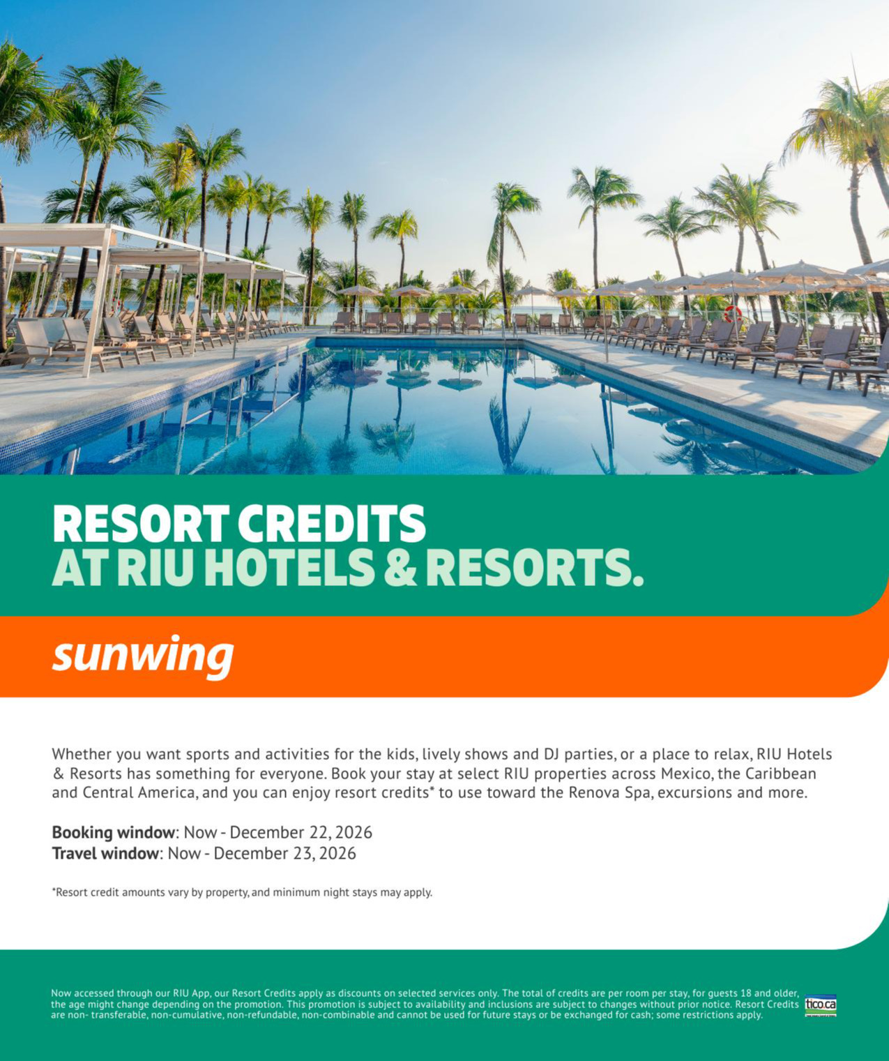 Sunwing Vacations Promotion Hotel credits with Riu Hotels with Partez en Voyage