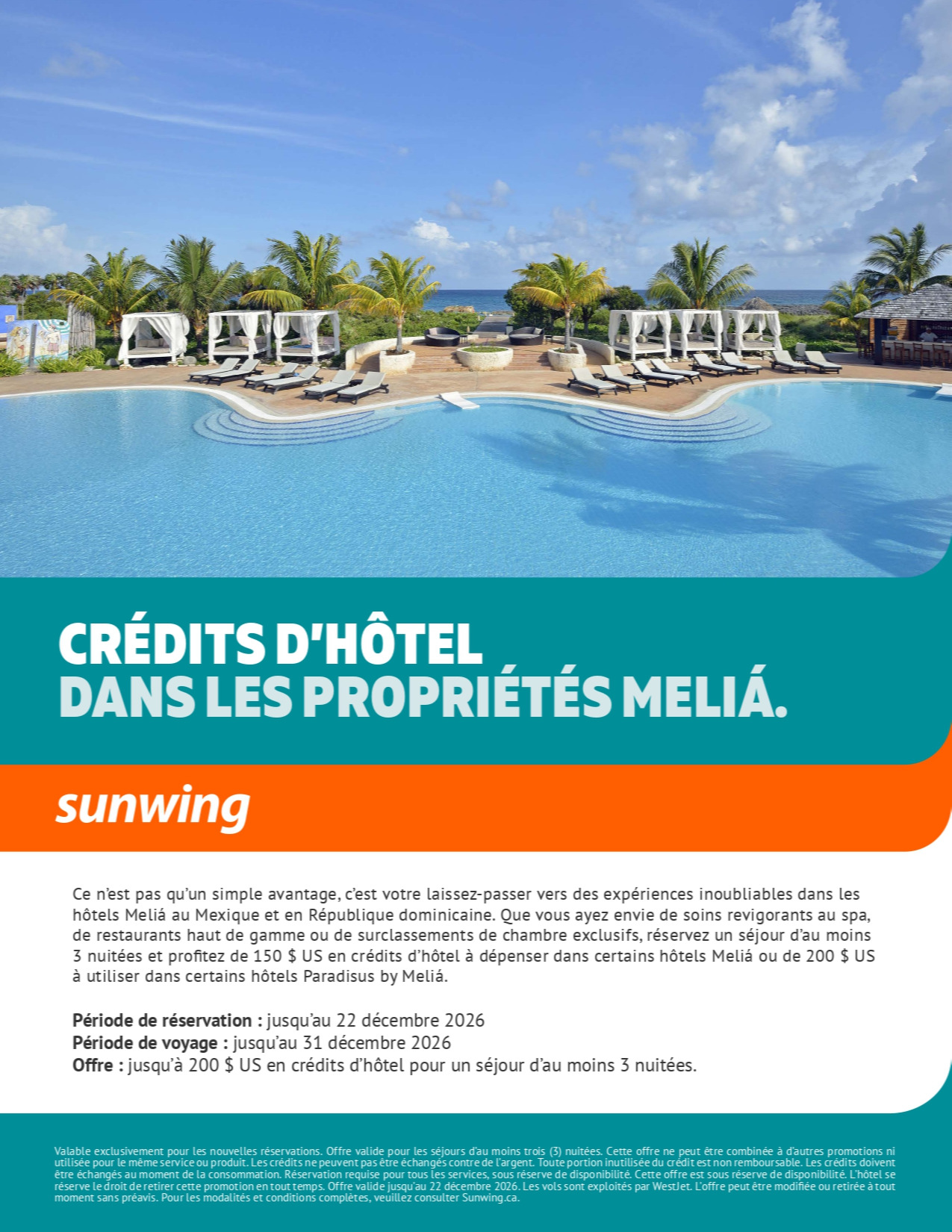 Promotion Vacances Sunwing Credits d’hôtel dans les propriétés Melia avec Partez en Voyage